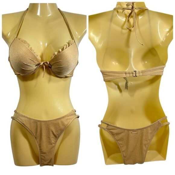VICTORIA’S SECRET‎ GOLD SHIMMER RUFFLE TRIM HALTER BIKINI TOP & BOTTOM SET 32B/S - Picture 1 of 9